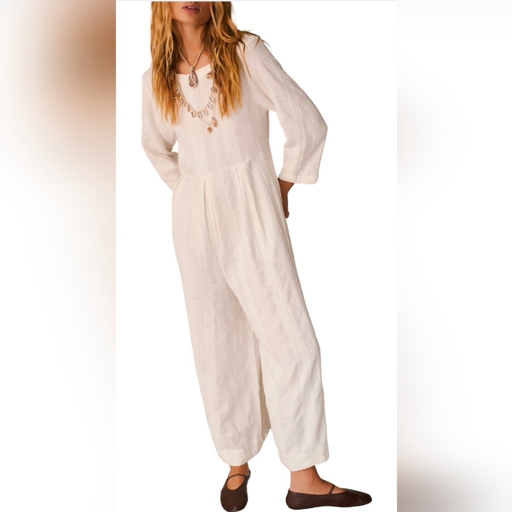 Free People Shiloh Cotton Linen Jumpsuit | Size Small | Oversized | Off White